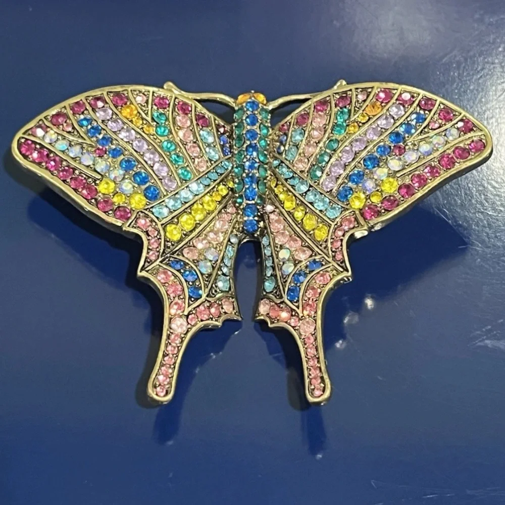 Heidi Daus Crystal Jeweled Butterfly Brooch Gold Pin Vintage Pink Aqua SIGNED